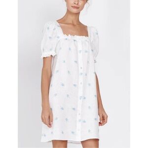 Sleeper Brigitte Linen Mini Dress in Linum Tie Waist Puff Sleeve Blue Floral M